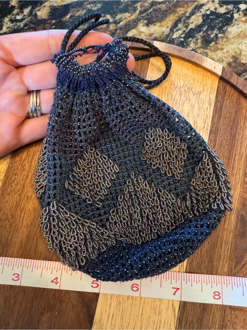 Vintage Beaded Drawstring Pouch Bag in Navy
